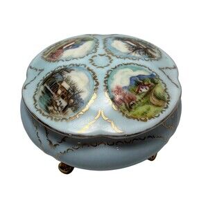 Hand Painted Trinket Box Footed Gold Embellishments Light Blue Farm Scenes vtg
